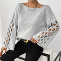Women's solid colour hollow-out long sleeve round neck pullover sweater in gray, plus size