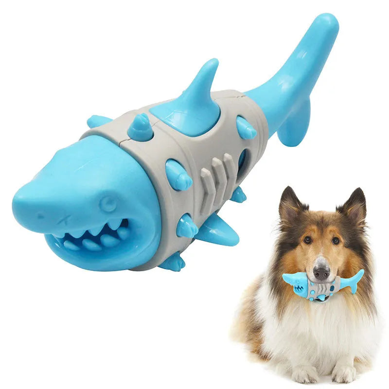 Blue grey and yellow shark tooth textured dog chew toy with visible air vents.