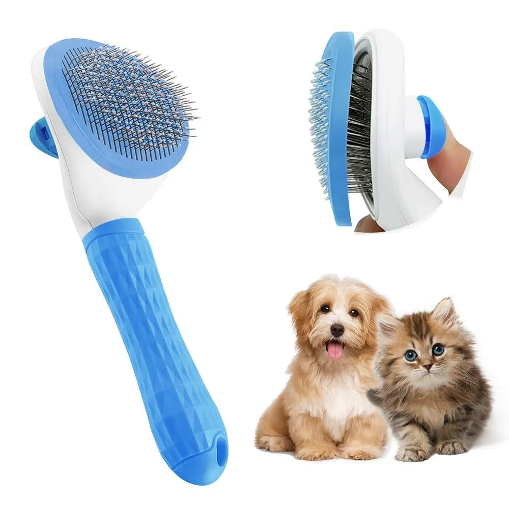 Cat grooming brush with a release button, featuring fine wire bristles, shown in blue colour.