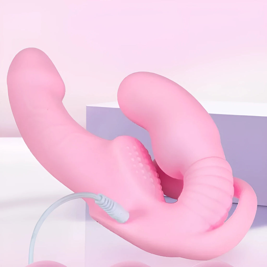 Pink double-headed dragon silicone dildo with remote control, three shock patterns, self-defense stick