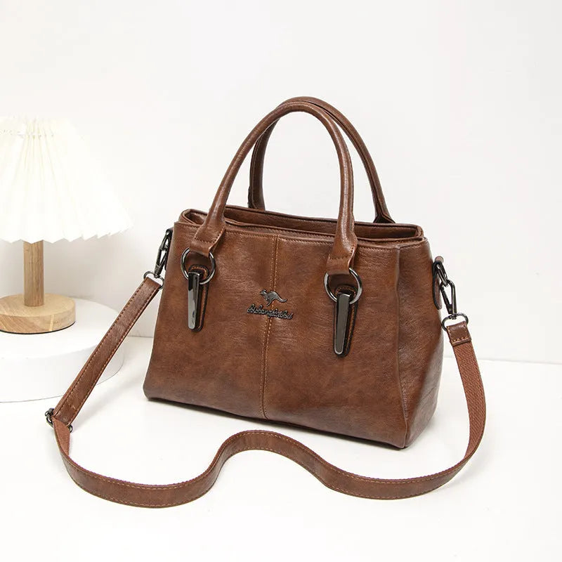 Women's large capacity crossbody soft leather bag in PU material, horizontal square shape, with sandwich zipper pocket, available in multiple colours