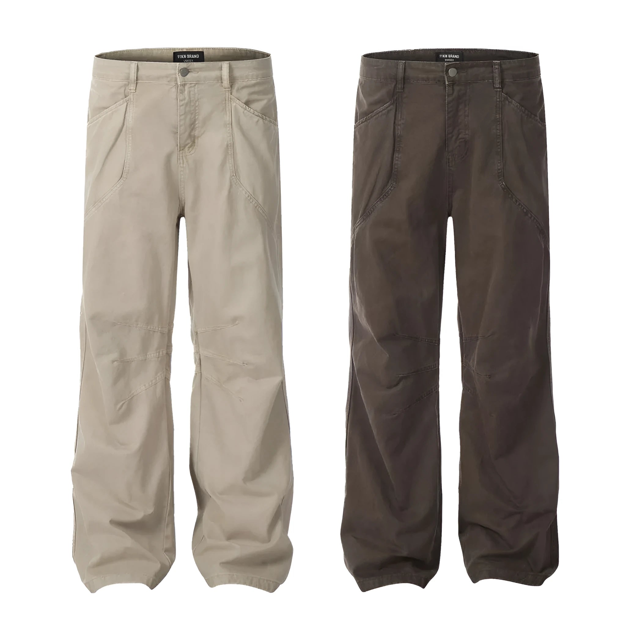 Man wearing brown loose fit high-waist straight leg cotton jeans trousers