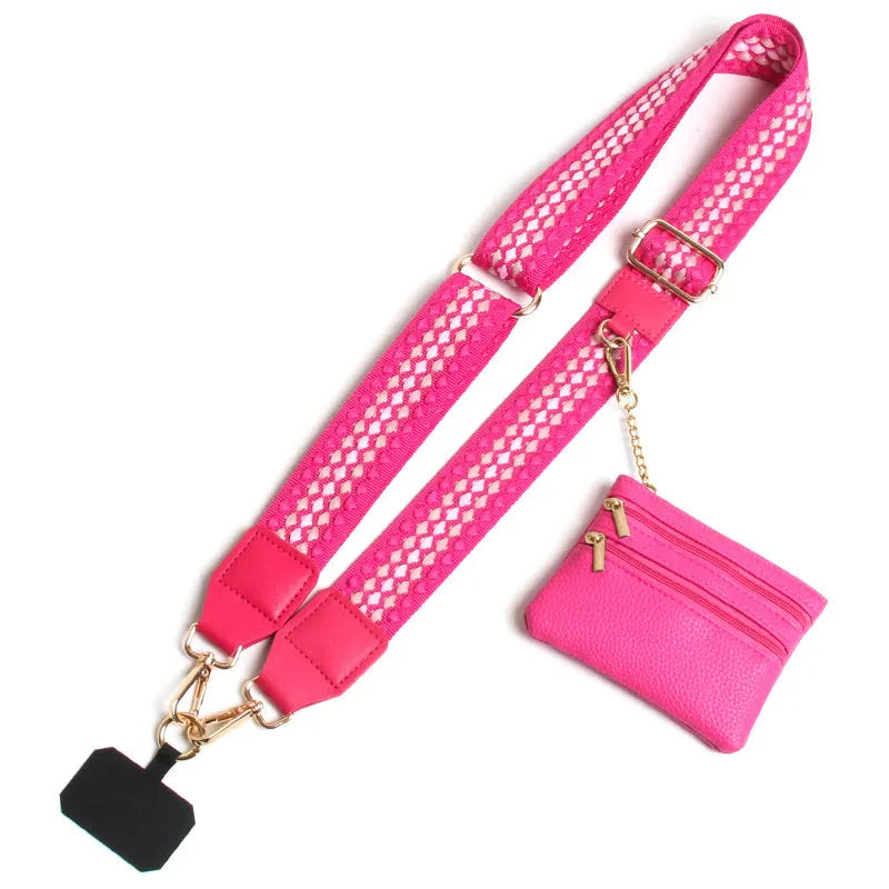 Polyester mobile phone lanyard with silk screen print in apricot colour showing long shoulder strap design