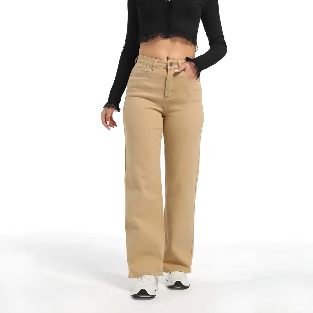 Women's high-waist straight-leg wide jeans in apricot colour, laid flat