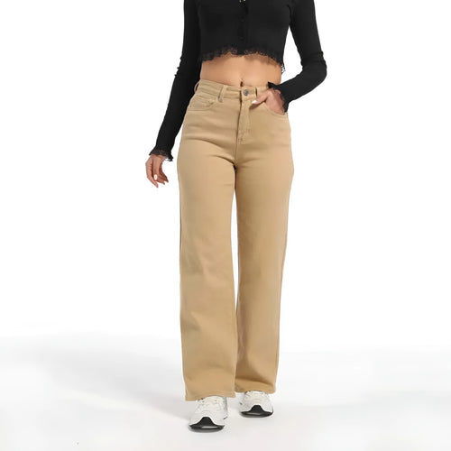 Women's high-waist straight-leg wide jeans in apricot colour, laid flat