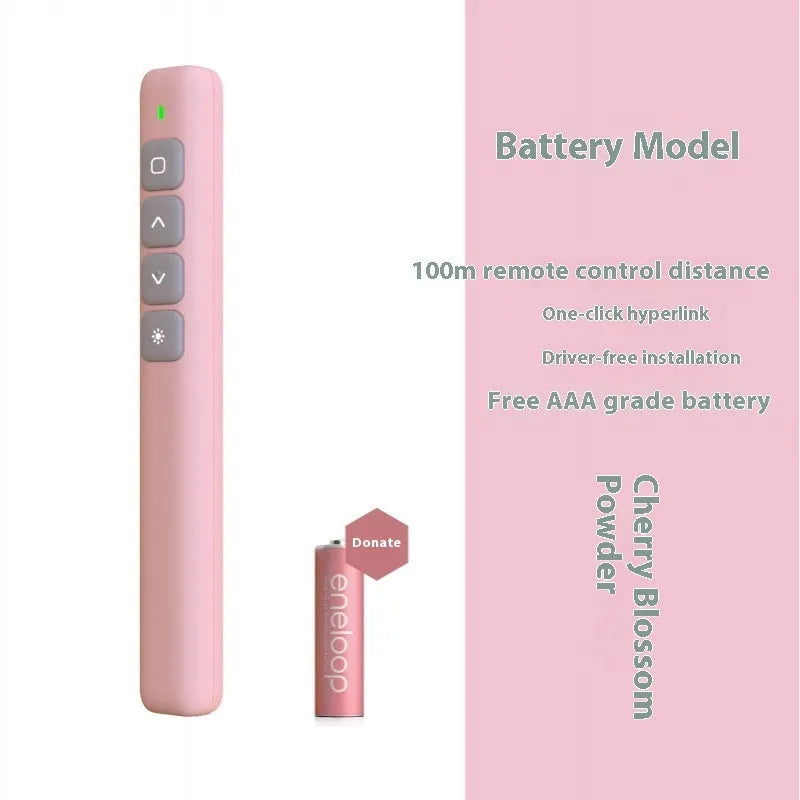 A whiteboard and presentation remote control pen in black, with a USB charging cable.