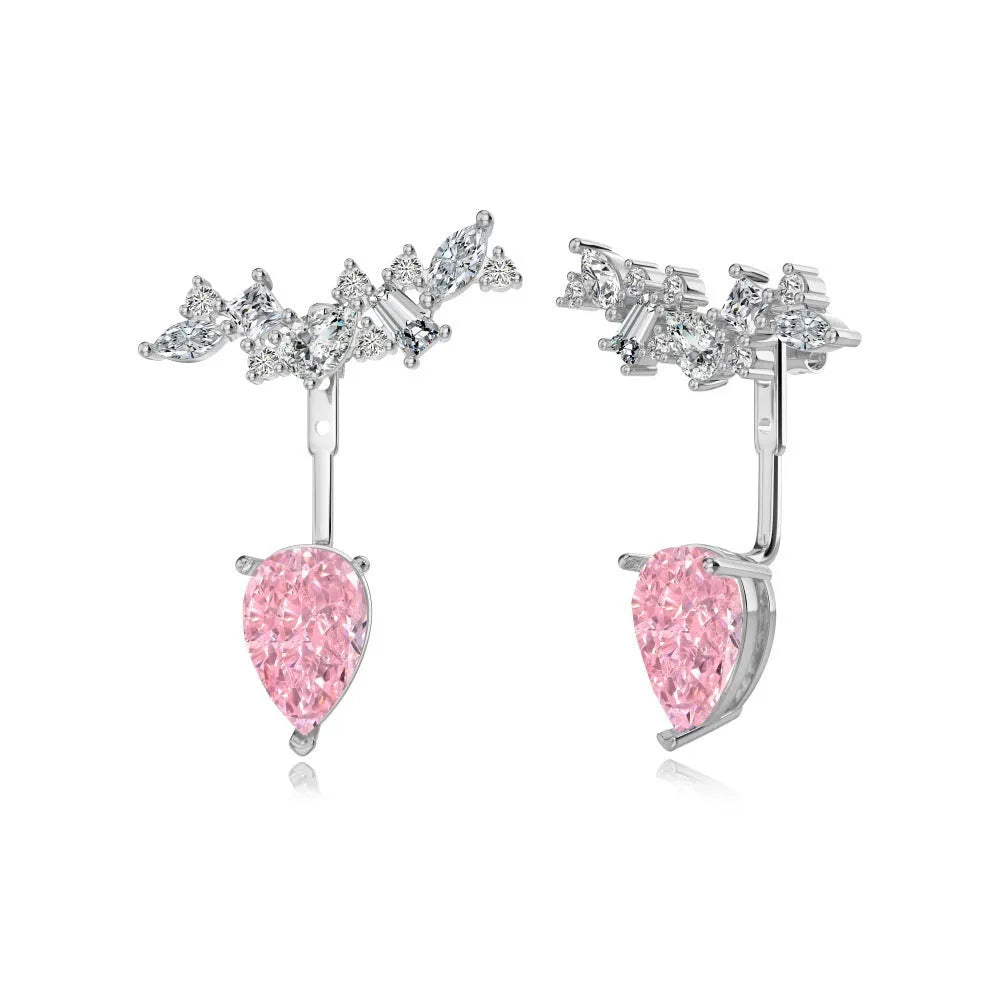 925 sterling silver pear-shaped ice flower cut dual-wear drop earrings in platinum white diamond colour
