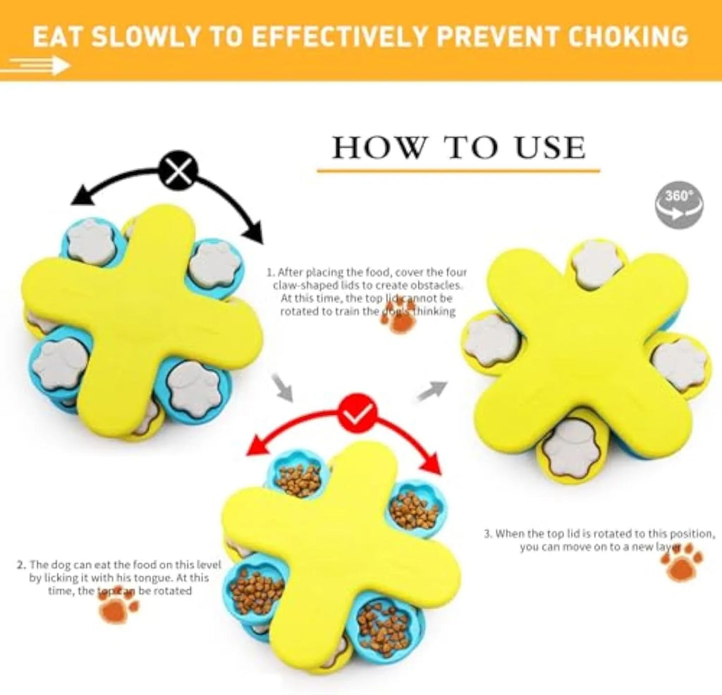 Yellow dog puzzle feeder bowl with three rotating layers and anti-slip rubber base