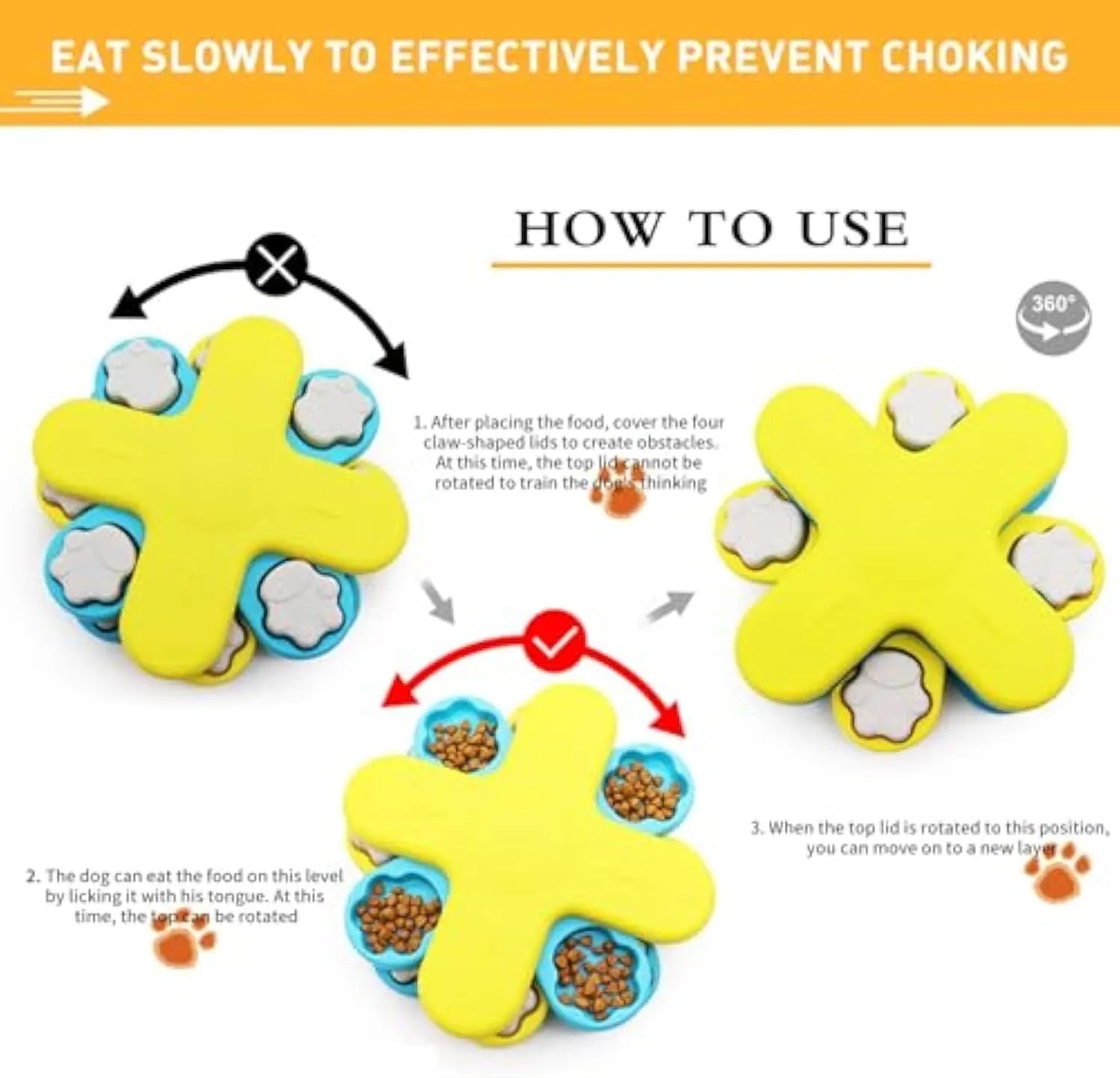 Yellow dog puzzle feeder bowl with three rotating layers and anti-slip rubber base