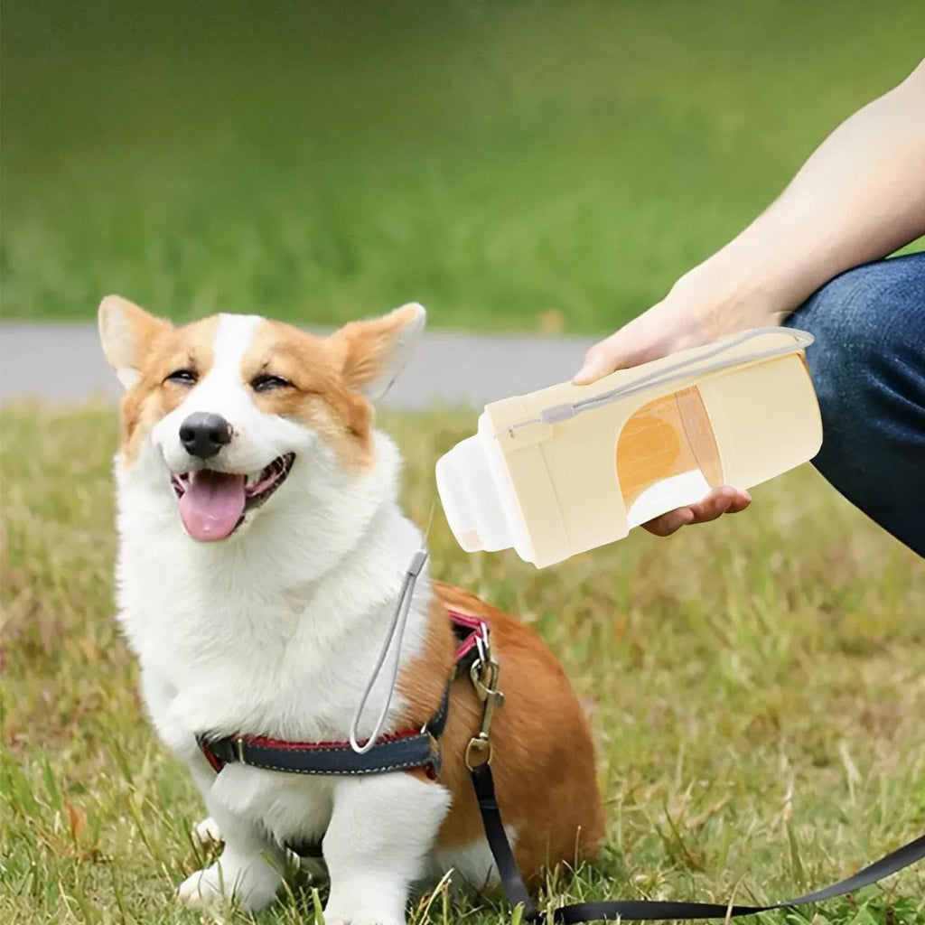 Grey 2-in-1 travel dog water bottle and feeder with lanyard, showing water and food compartments