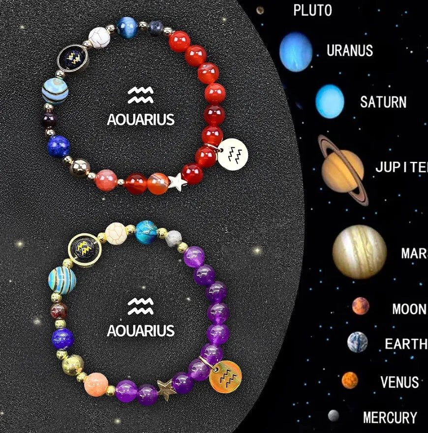 Natural stone beaded zodiac bracelet set with metal charm pendants showing astrological symbols