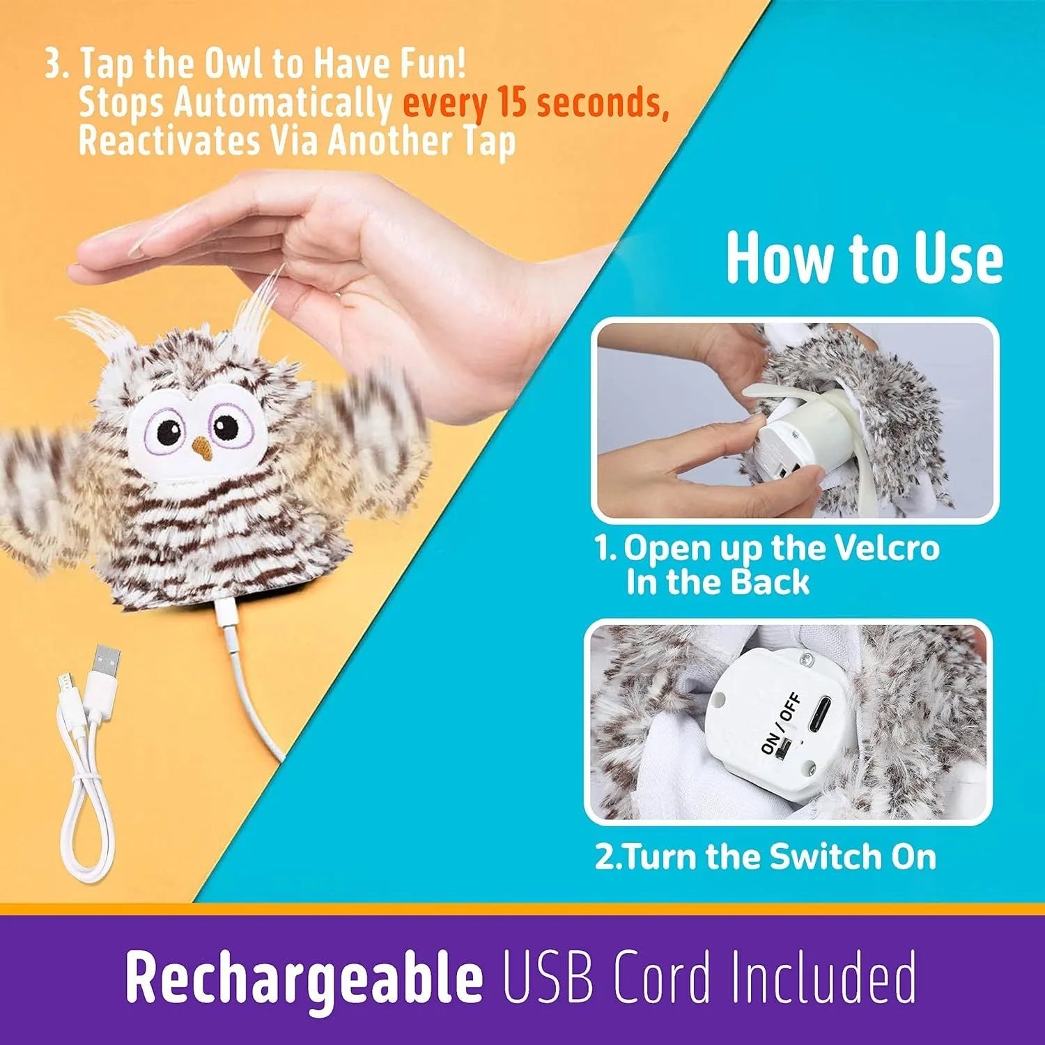 Grey automatic flapping owl cat toy with wings extended showing 10x14cm size