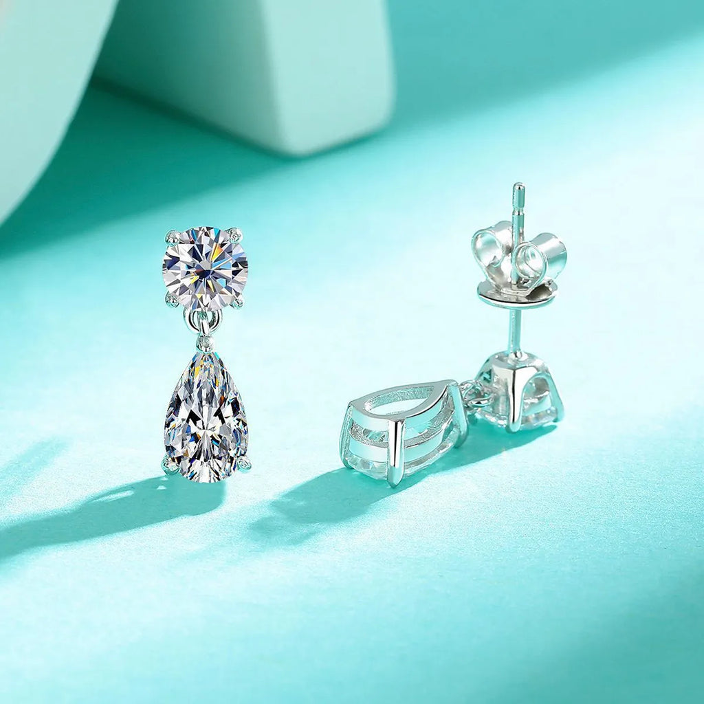 925 sterling silver water drop moissanite stud earrings with round and geometric stones in gold or silver plating