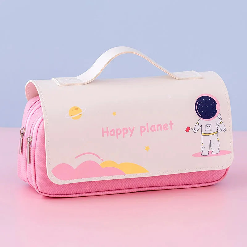 Large-capacity canvas flip pencil case with hand-painted cartoon planet pattern in blue, 21x10cm, square shape