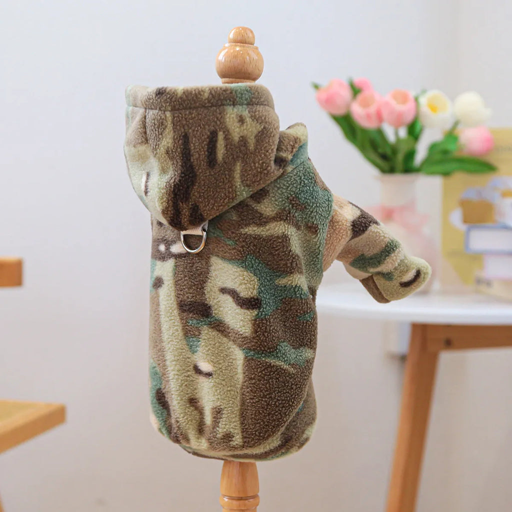 Camouflage dog sweater on a light background, showing full-body style with ribbed hem