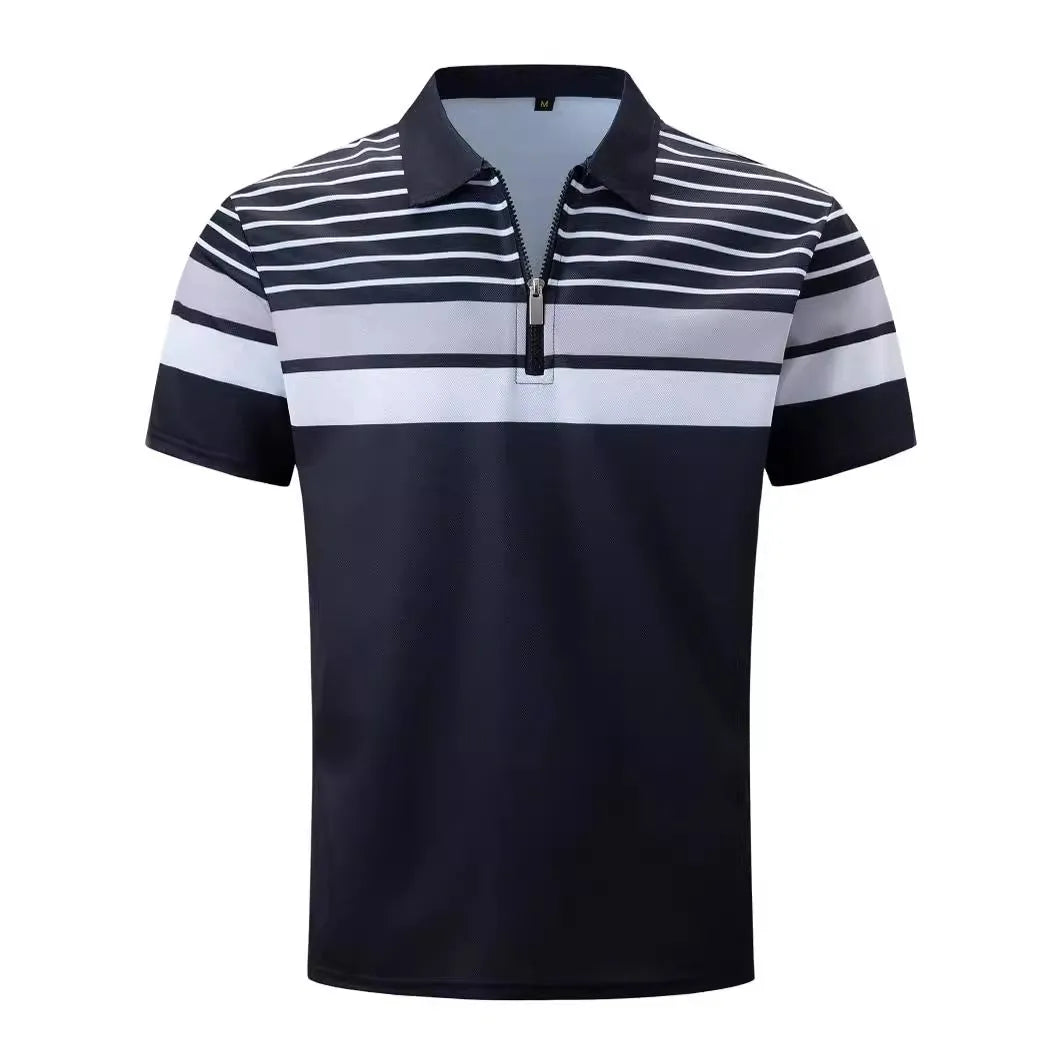 Men's black striped loose fit short sleeve polyester t-shirt on hanger, front view, sizes S to XXXL