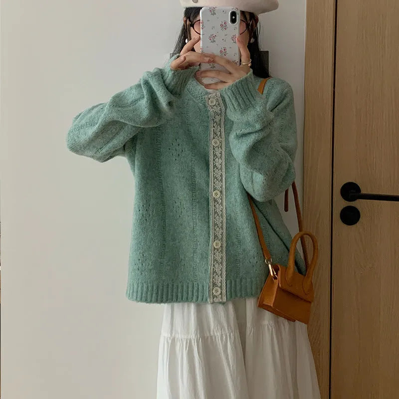 Artistic retro loose knitwear cardigan coat in apricot, green, pink, or light grey colour.