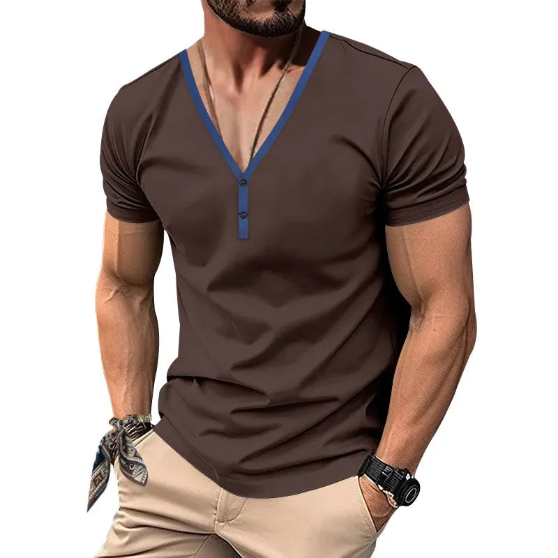 Men's slim-fit V-neck contrast colour Henley short sleeve top in polyester, available in black, white, wine red, gray, denim blue, brown