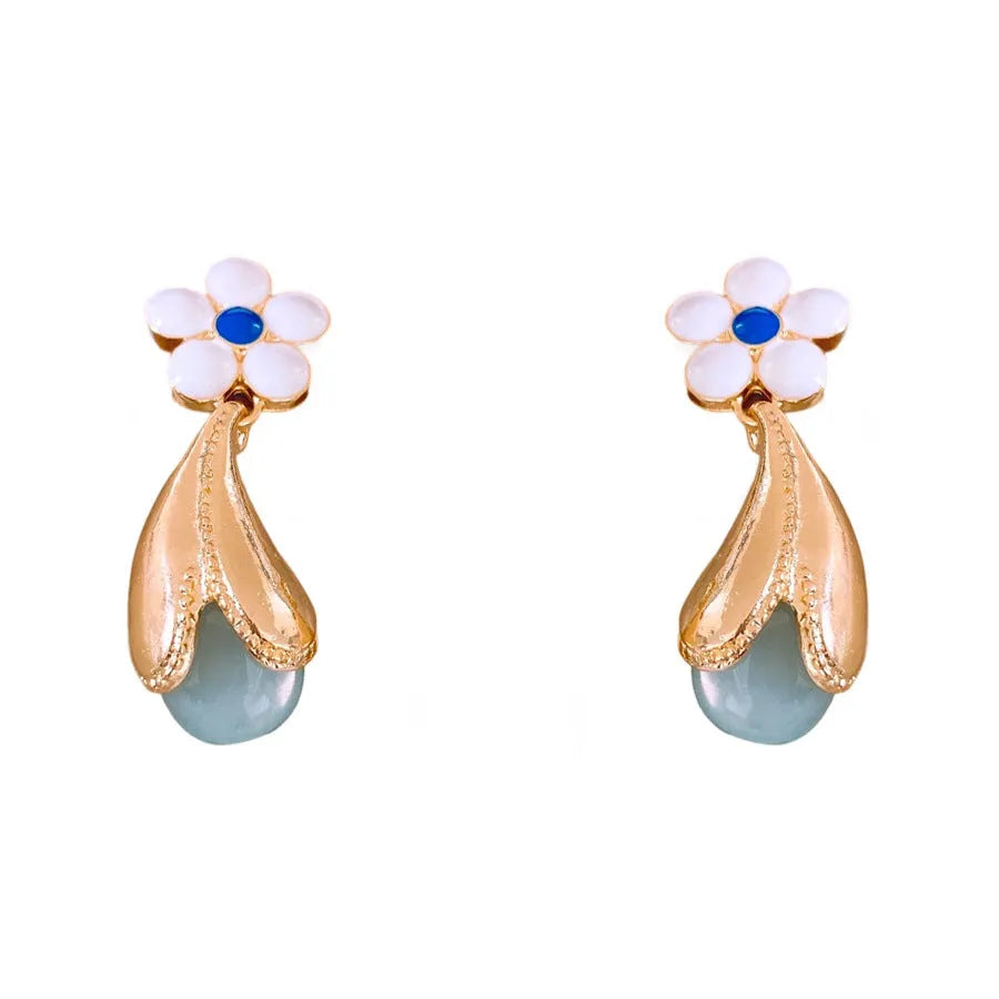 Glass flower earrings retro Chinese style dropping oil finish women all-match silver needle gold colour