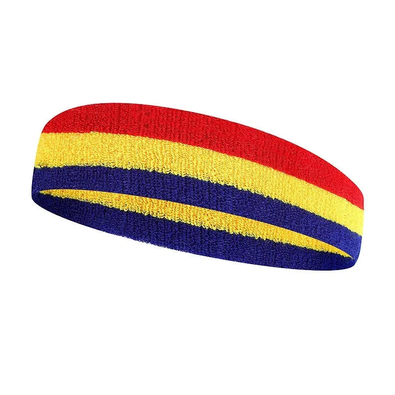 Multi-colour sports headband for adults shown in red, yellow and blue, with a size scale indicating 5.5 cm width.