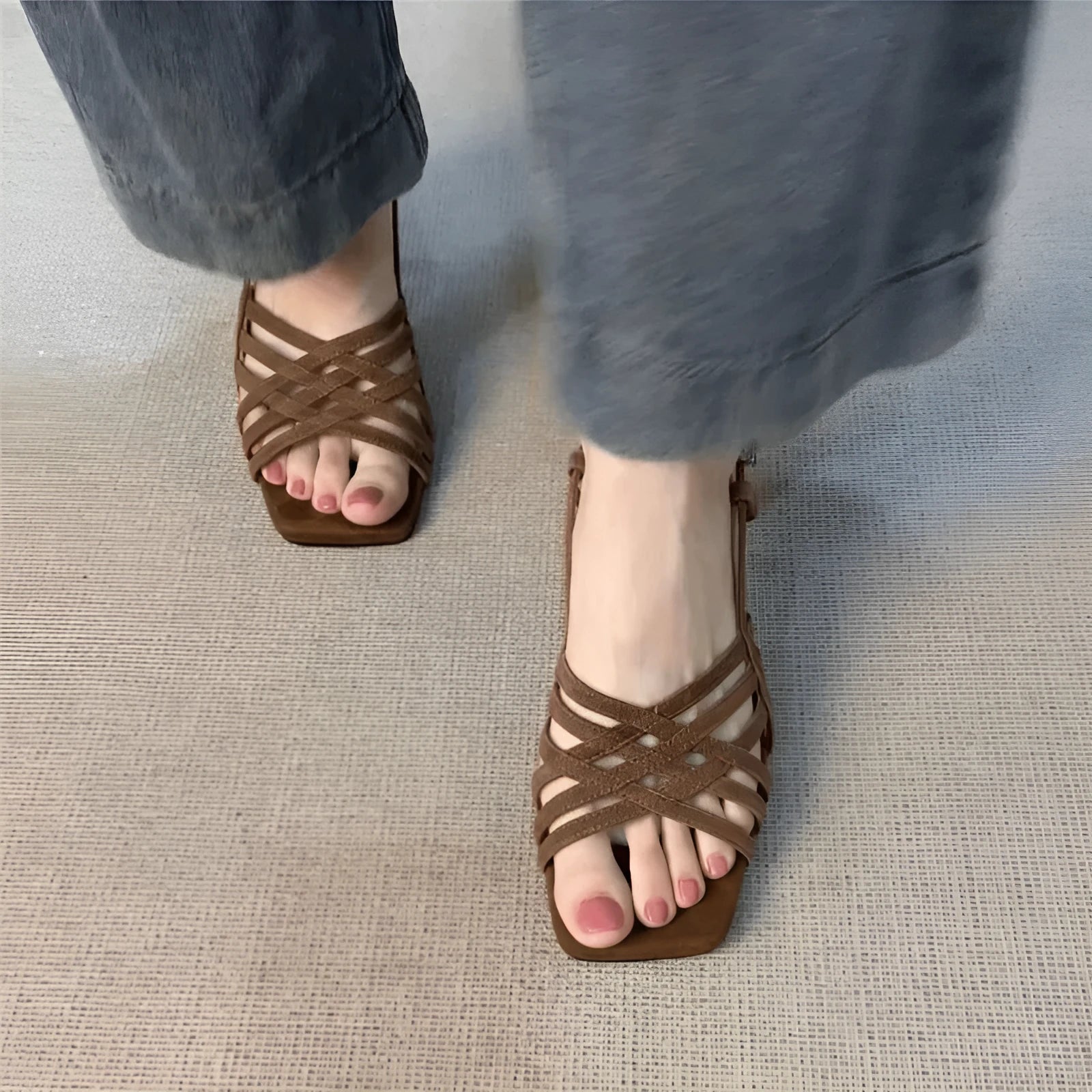 Retro women's high heel sandals with thin cross straps, square toe, and ankle buckle in light brown.
