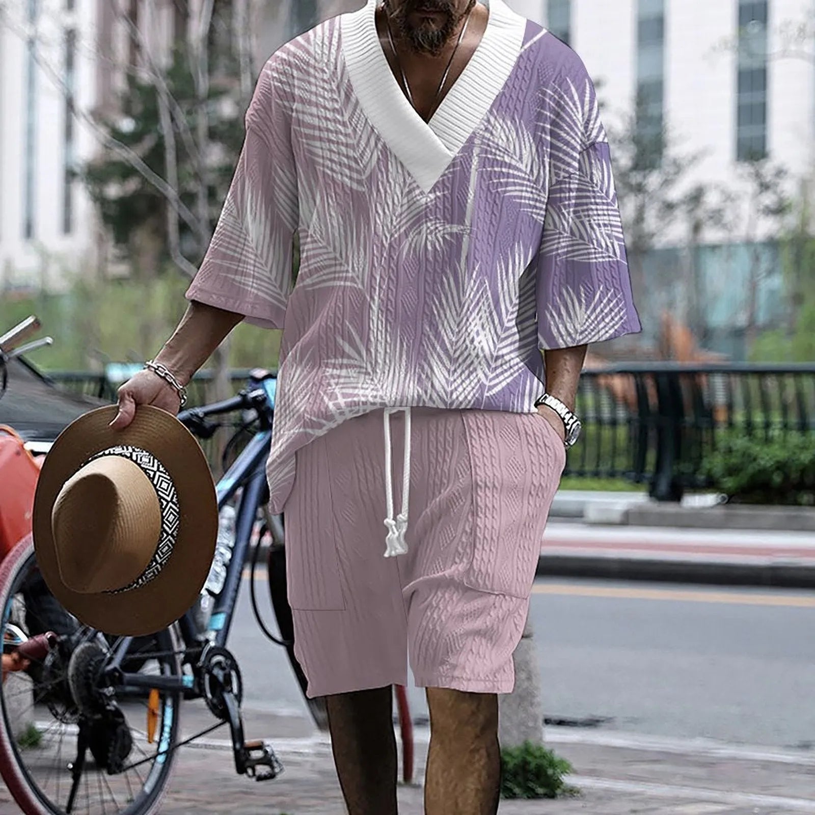 Men's printed drop-shoulder knitted short-sleeve top with matching shorts, a casual suit set.