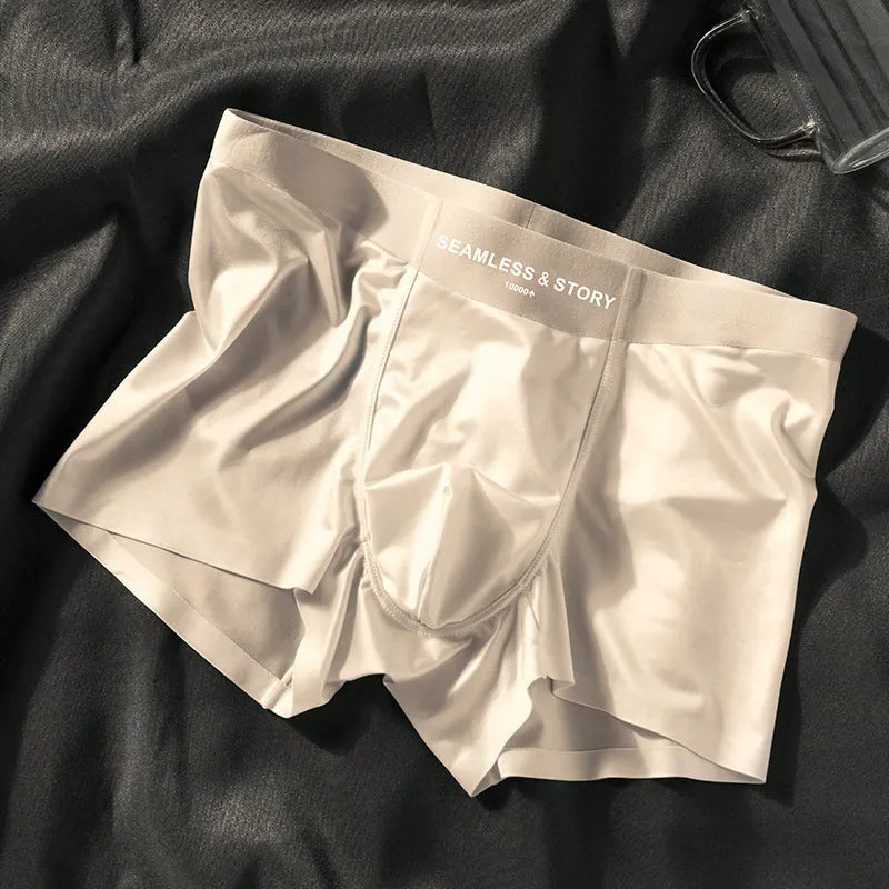 Men's satin ice silk underwear in mid waist design showing traceless construction