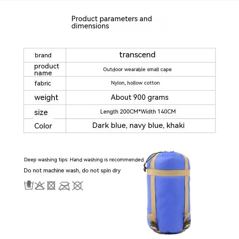 Grey or army green adult wearable sleeping bag cloak measuring 200x140cm with hollow cotton insulation