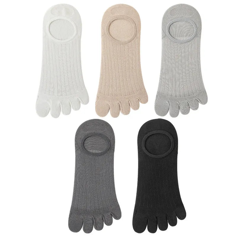 Modal cotton five-finger ultra-thin boat socks in solid colours including black, grey, khaki, and white.