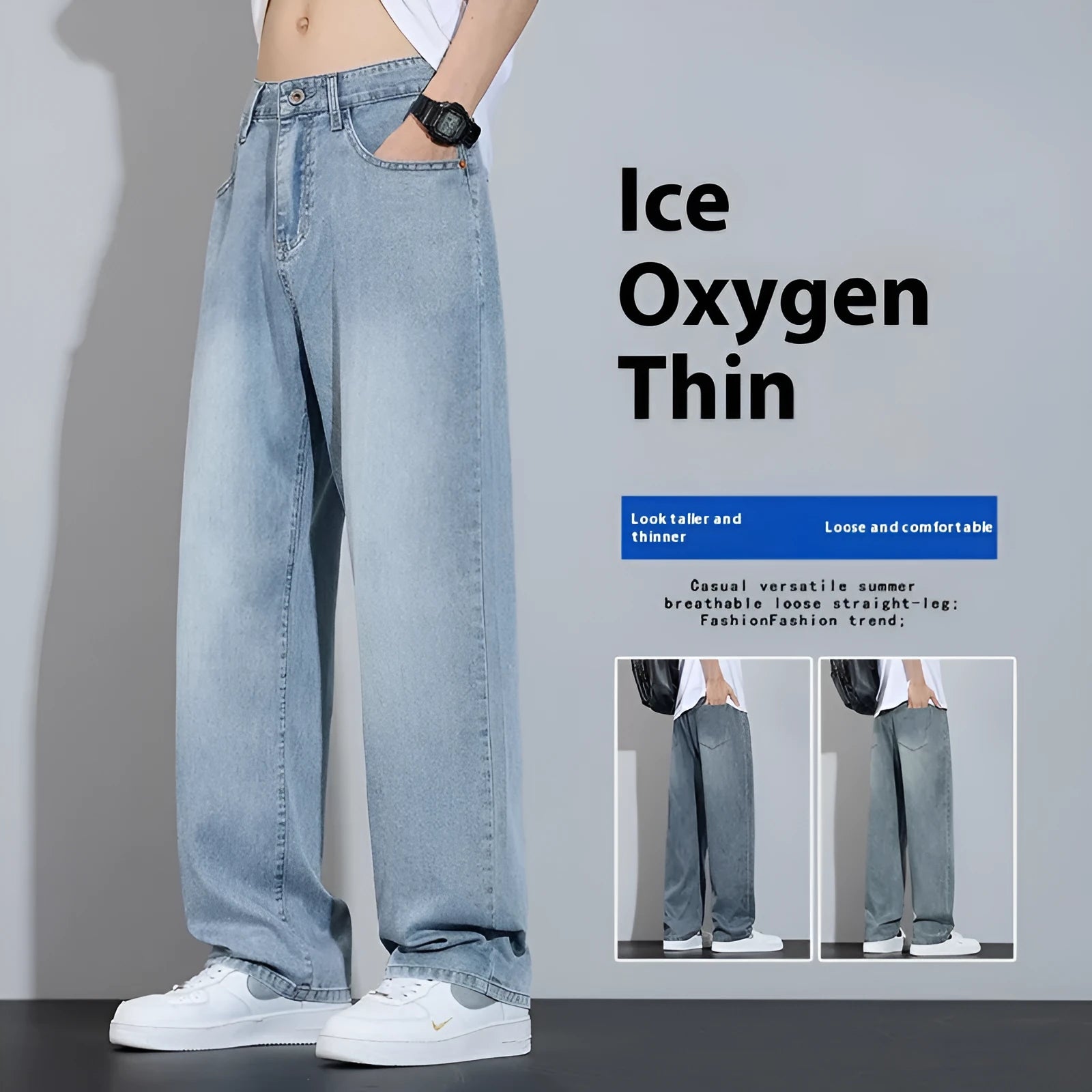 Straight-leg denim casual trousers in thin fabric on a hanger.