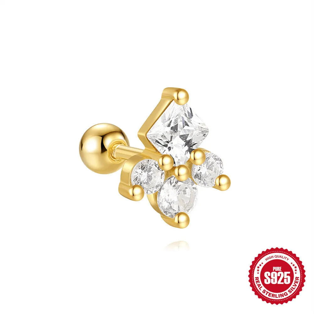 S925 sterling silver flower stud earrings with red gravel stone and gold electroplated finish