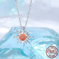 S925 sterling silver sun pendant necklace on display, electroplated finish, O-shaped chain, colour BSN440