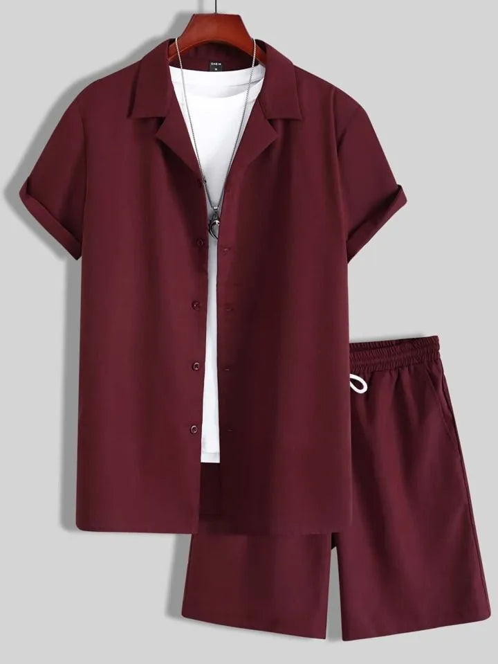 Men's Cuban collar sport suit with short sleeve top and matching shorts in lightweight polyester fabric