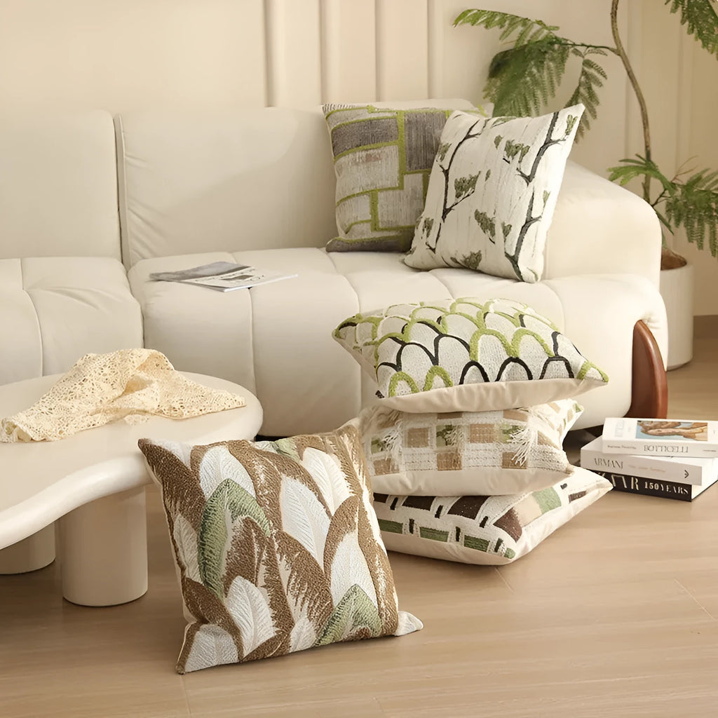 45cm square Jacquard cushion cover with Nordic plant and flower pattern in a retro colour.
