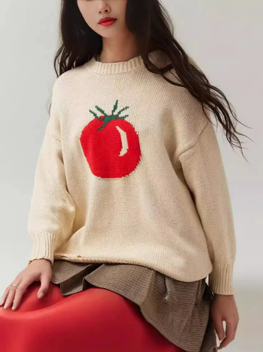 Women's beige acrylic jacquard knit sweater loose fit medium length