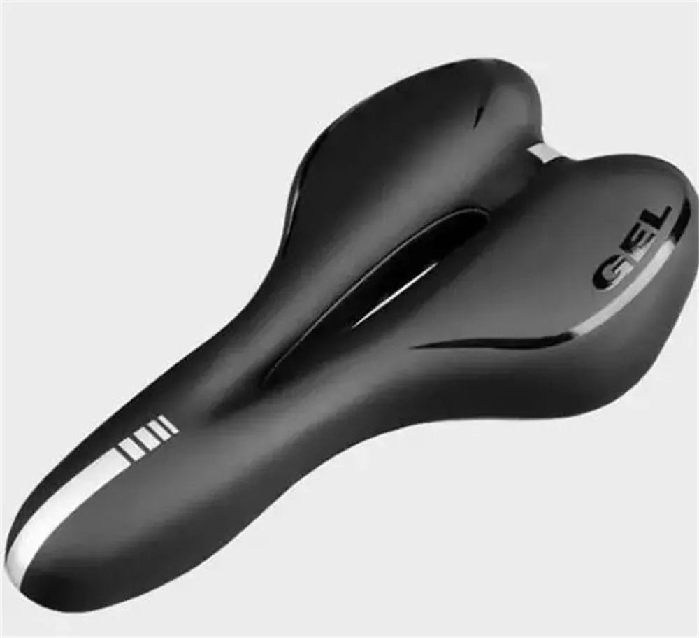 Bicycle saddle silicone gel cushion with PU leather cover, waterproof cover, wrench, and tyre repair kit.