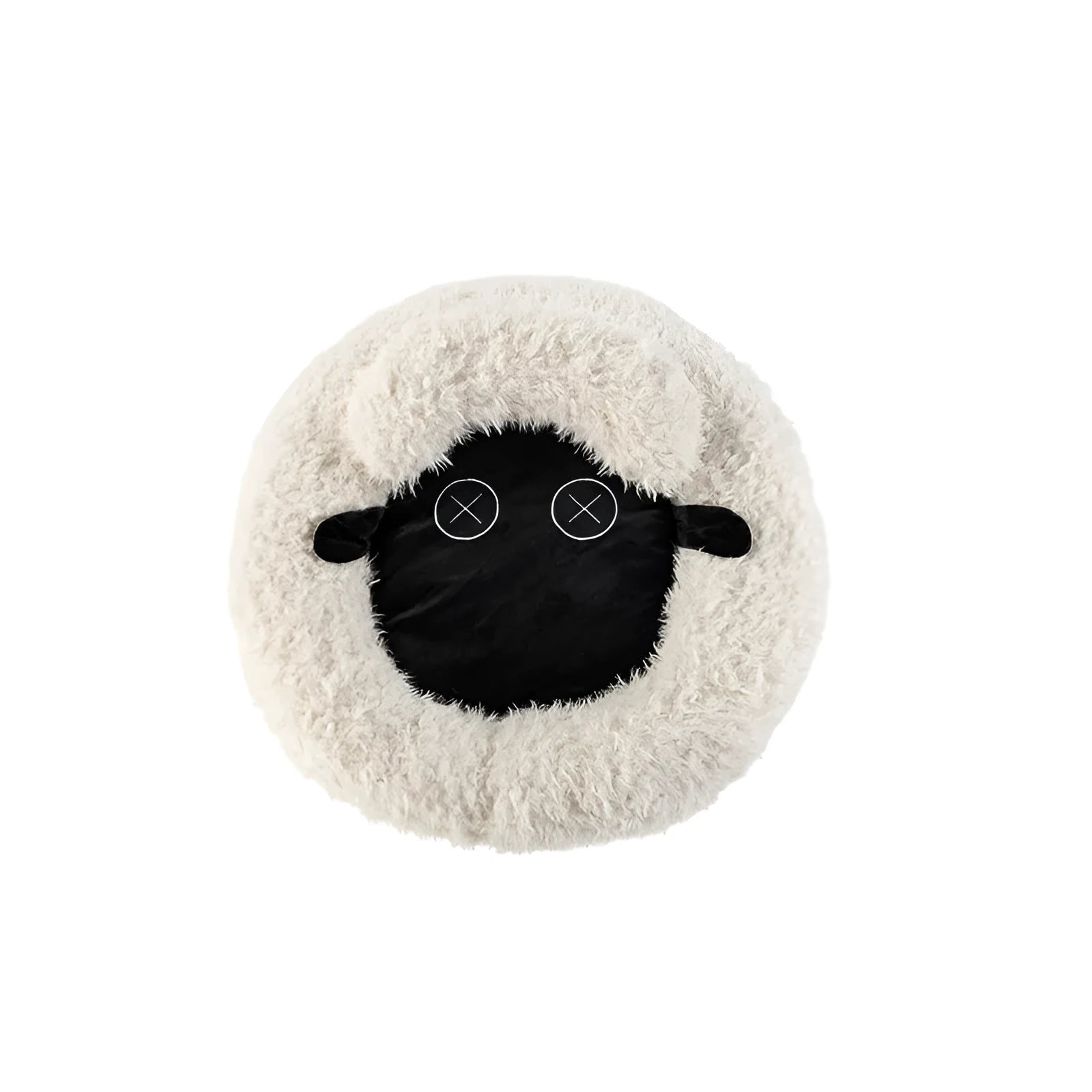 Round fluffy faux wool cat bed in winter warm style, available in sizes L, M, S for indoor cats.
