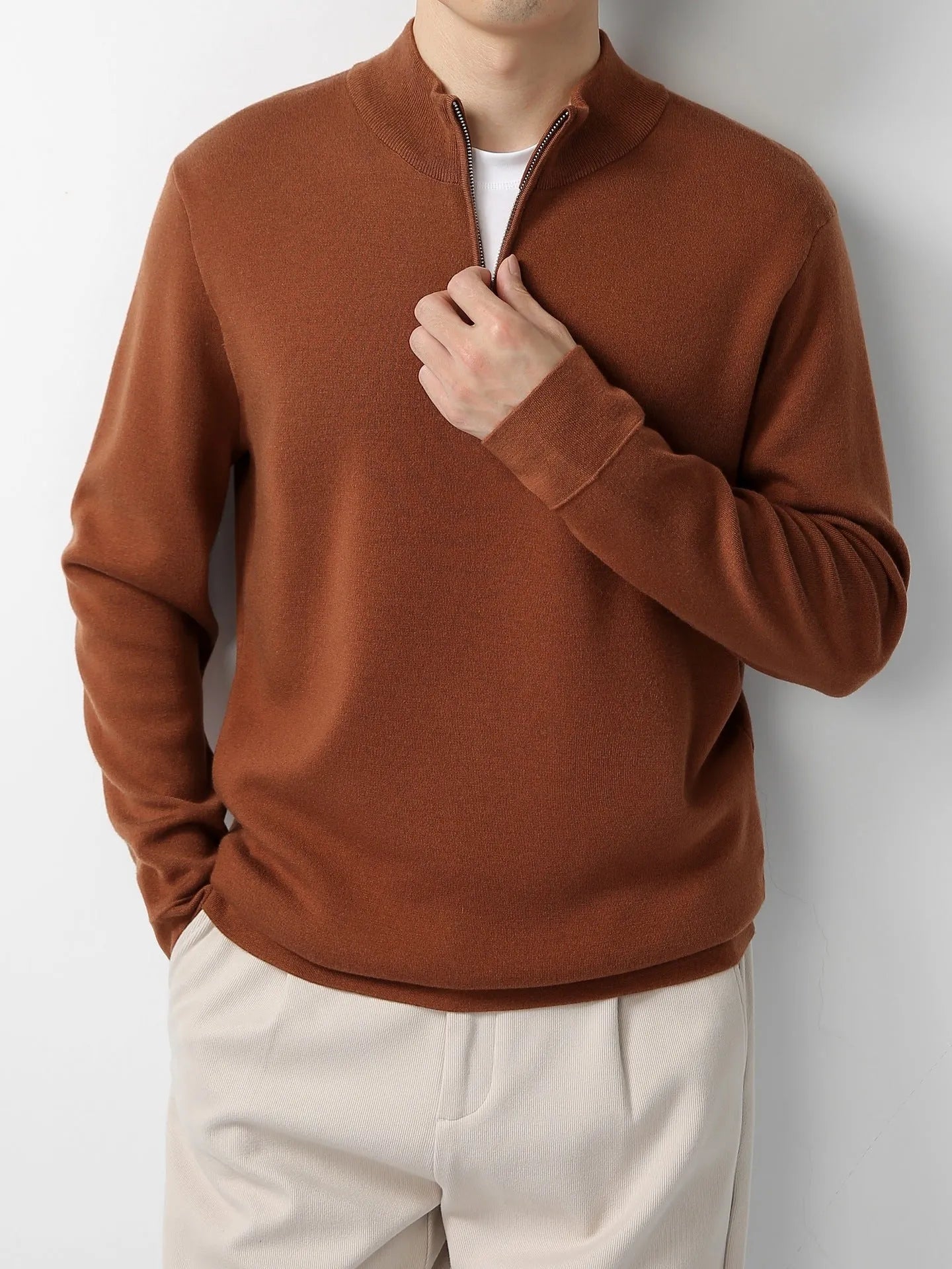 Men's merino wool zip stand collar sweater in regular fit, long sleeves, available in multiple colours