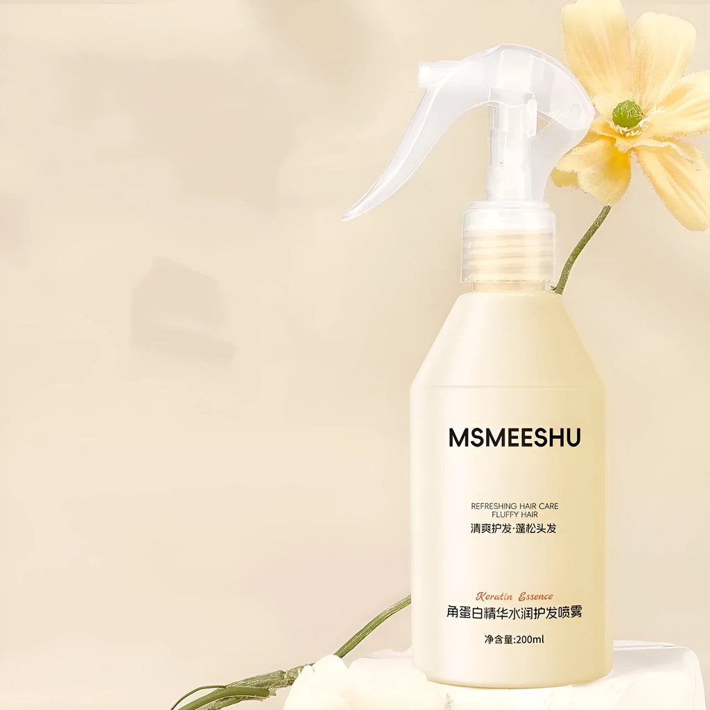 Honey Bundle Keratin Essence transparent hair care spray bottle showing soft and bright hair result