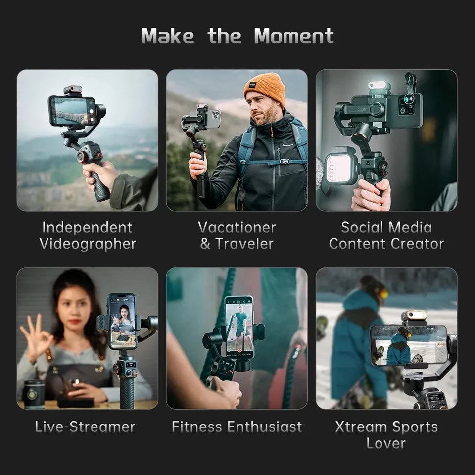 Black AI face fill light three-axis stabiliser with smartphone attached and magnetic fill light