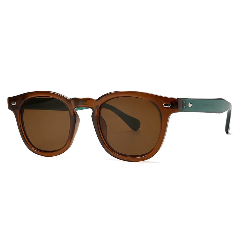 Simple round rim plastic sunglasses shown in a bright black frame with blue lenses on a plain background.