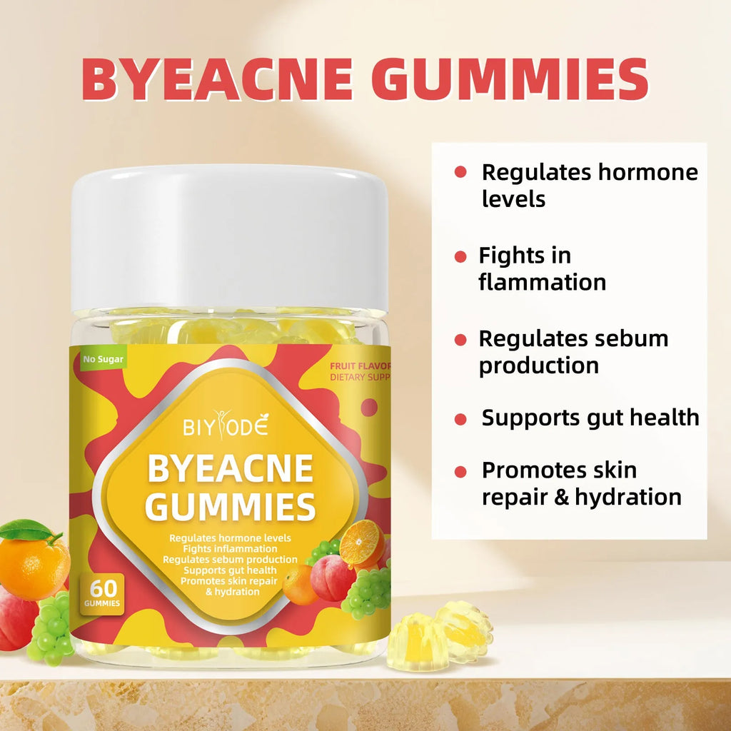 Private label ByeAcne Gummies bottle for hormone balance and acne reduction with vitamins, zinc, and magnesium