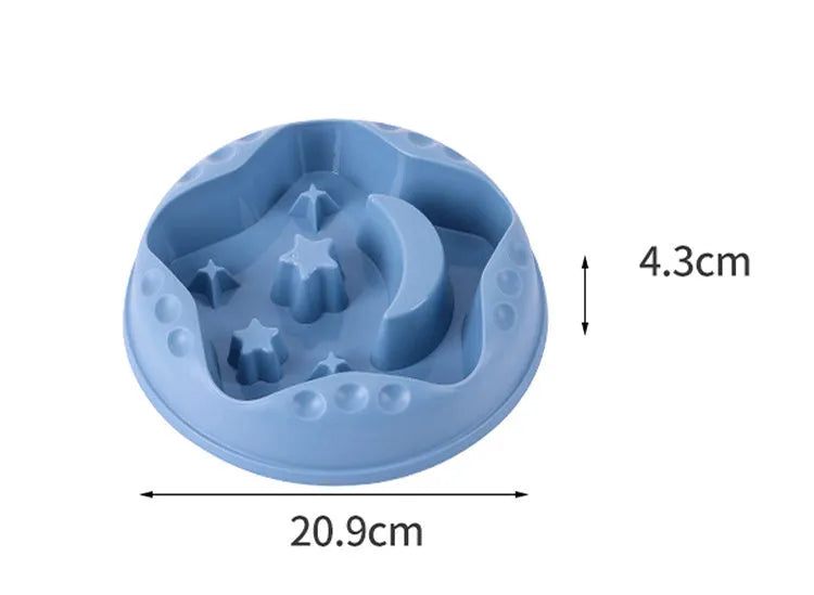 Moon star wings design slow feed dog bowl with interior ridges, non-slip base, in blue colour