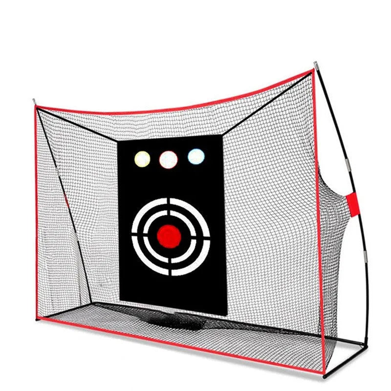 Golf swing wedge training net with 3-hole cross design and straw practice mat with practice balls and accessories
