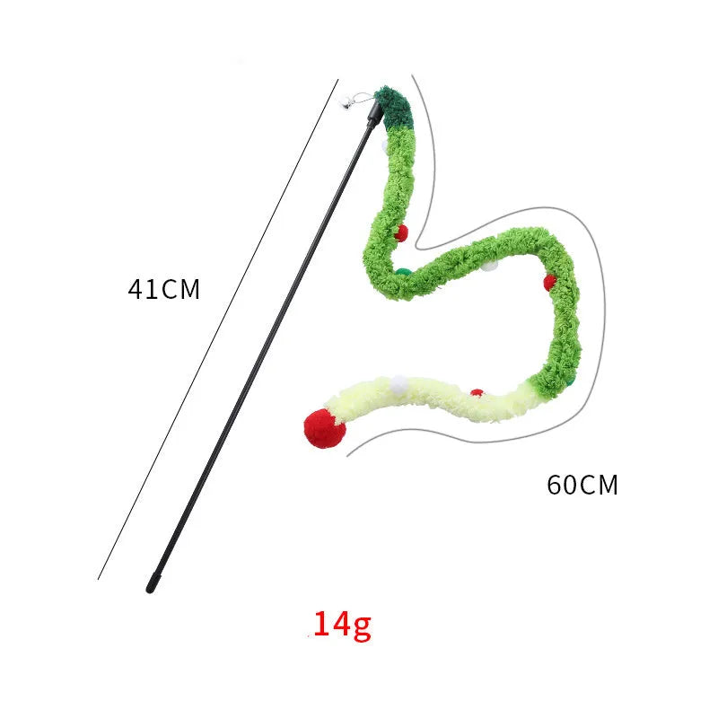 Interactive cat wand toy with colourful fluffy ball and bell on 60cm plush strip