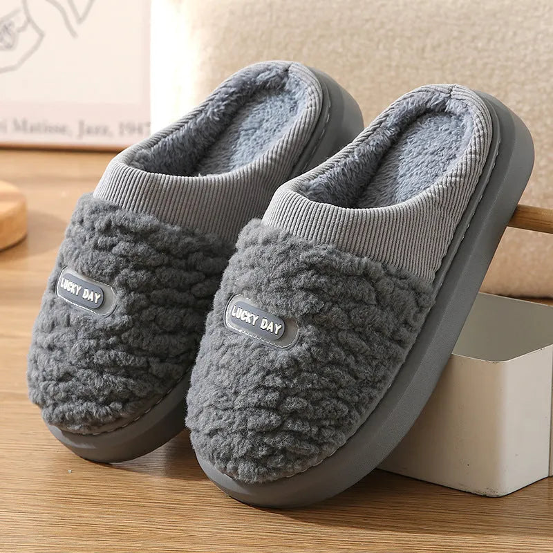 Men's plaid rabbit hair slippers with thick sole, shown in brown and grey colour options