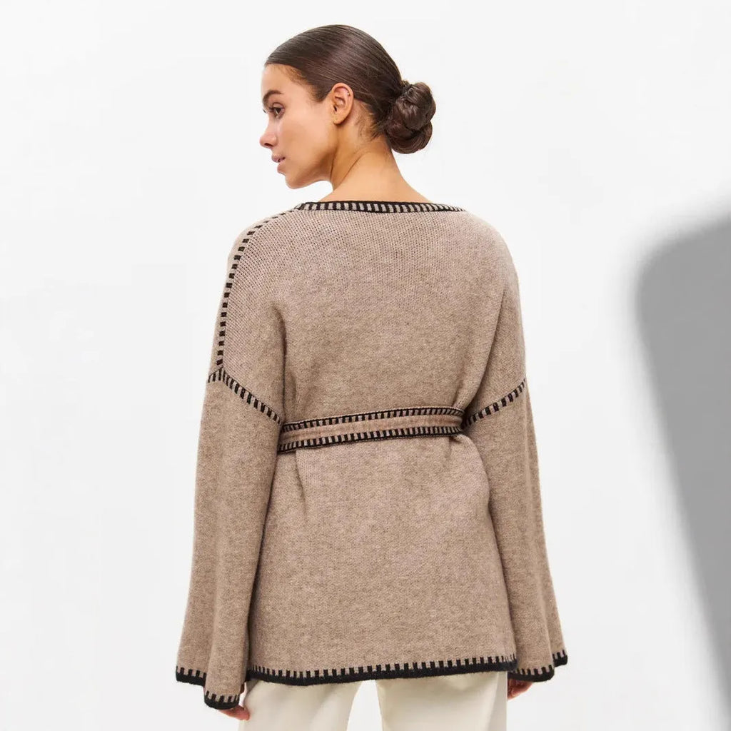 Loose mid-length lace-up knitted cardigan in black, white, or camel colour with thick imitation cashmere fabric