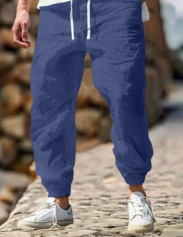 Men's straight leg linen trousers in Army Green with elastic waistband
