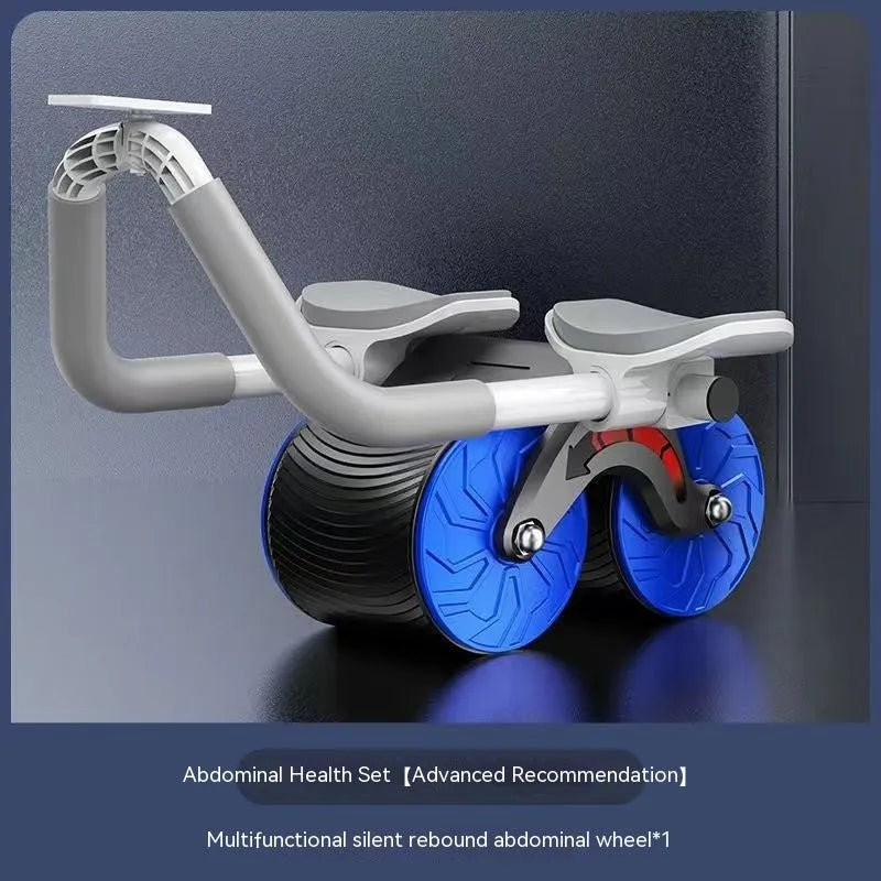 Black abdominal exercise wheel with automatic rebound mechanism next to a grey NBR yoga mat.
