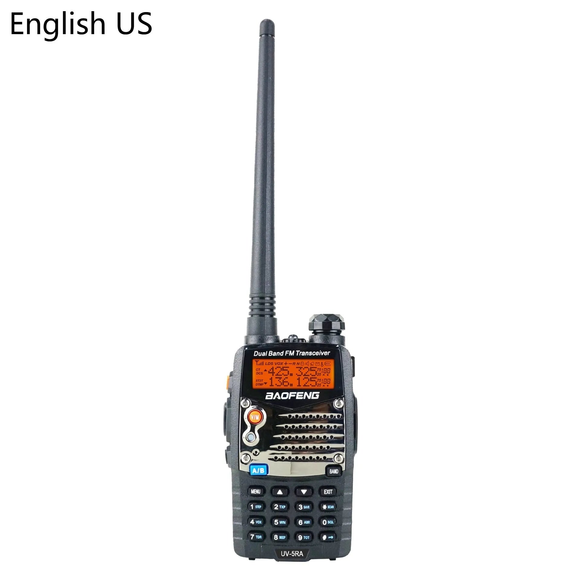 Baofeng UV-5RA dual-band handheld radio with dual display, high-power specification, and multiple headset configuration options